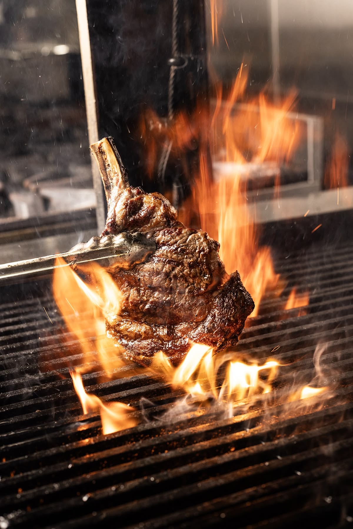 A tomahawk steak lifted from the fire with tongs